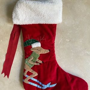 Pottery Barn Kids red velvet stocking with skier reindeer